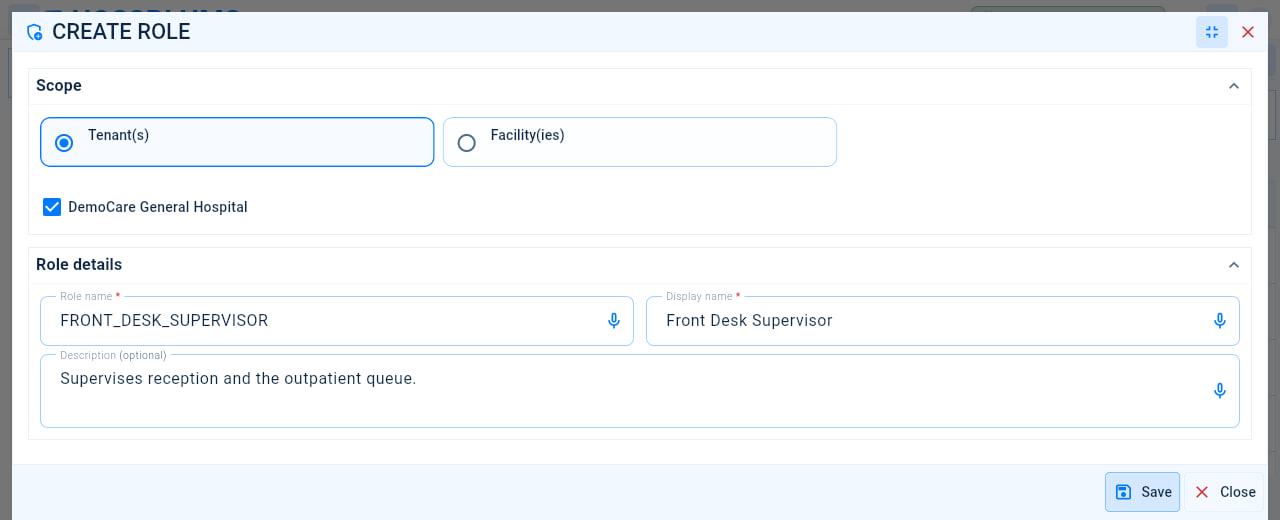 The Create role form with the scope choice, the organisation, and the role name, display name and description fields.