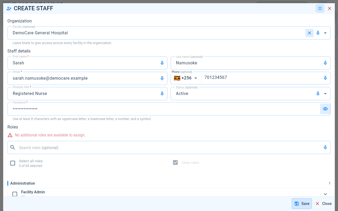 The Create staff form with the facility, first and last name, email, phone, position title, status and password fields.