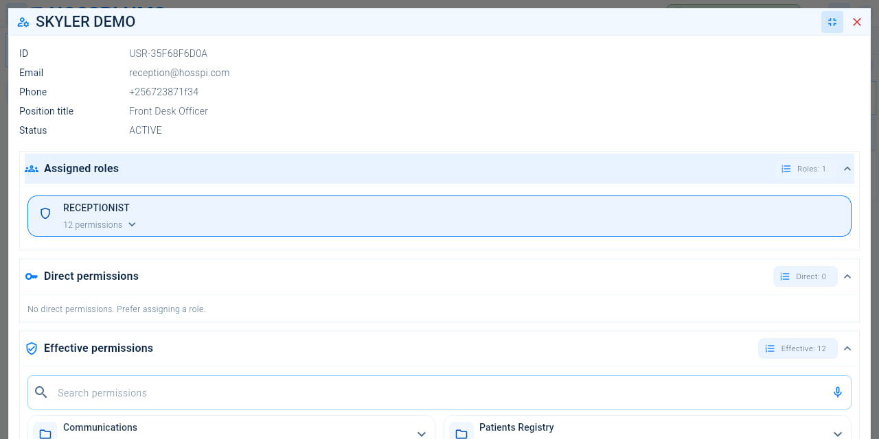 A staff record showing the account details, assigned roles, direct permissions and effective permissions.
