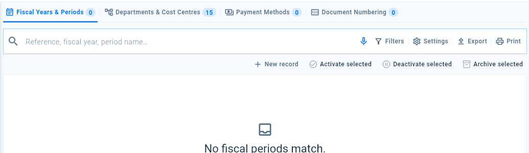 Accounting setup and controls: fiscal years and periods, departments and cost centres, payment methods and document numbering.
