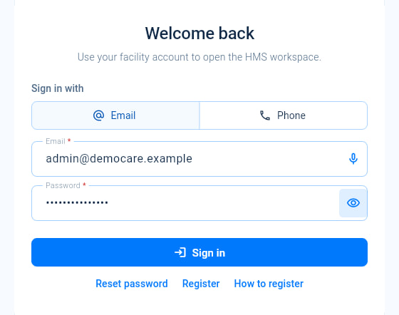 The Welcome back sign-in screen with the Email and Phone options, the Email and Password fields and the Sign in button.