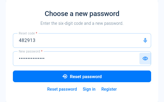 The Choose a new password screen with the Reset code and New password fields and the Reset password button.