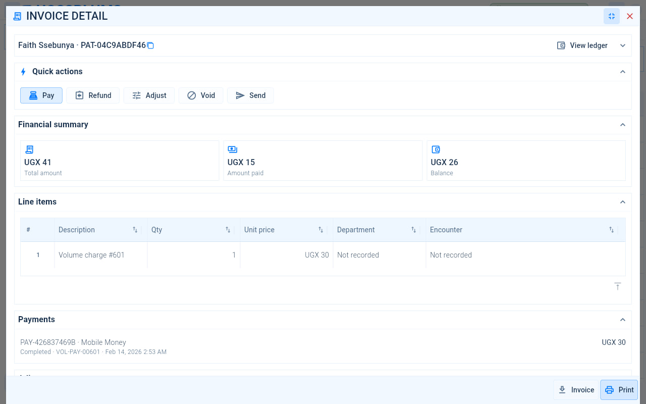 An invoice with its quick actions, the financial summary, line items and payments, and the Invoice download and Print buttons.