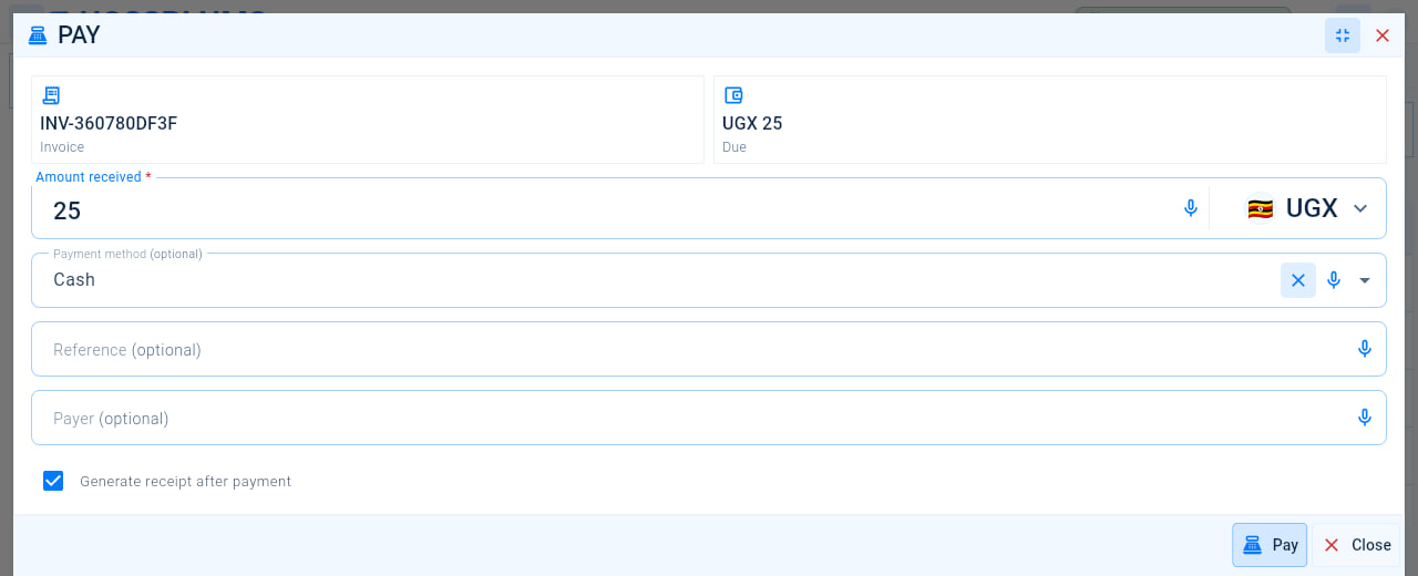 The Pay window with the invoice and amount due, the amount received and currency, payment method, reference, payer and the Generate receipt after payment option.