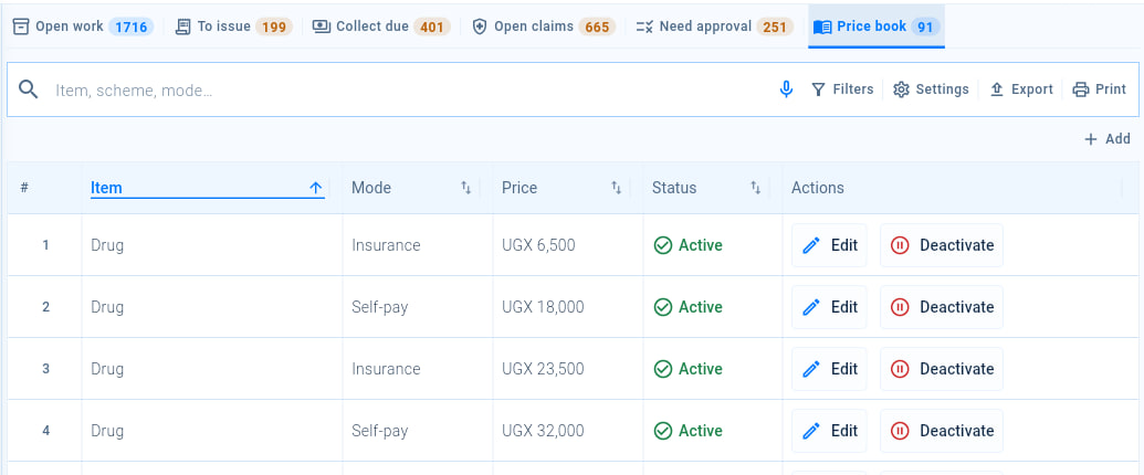 The price book listing the prices charged for items and services by payment mode, with the Add, Edit and Deactivate buttons.