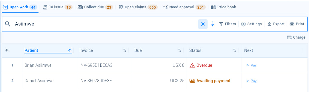 The billing worklist searched for a patient, with its tabs, the Charge button and the Pay action for an invoice awaiting payment.