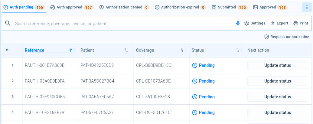 The insurance claims worklist with its tabs, the Request authorization button and the next step for each authorization, such as Update status.