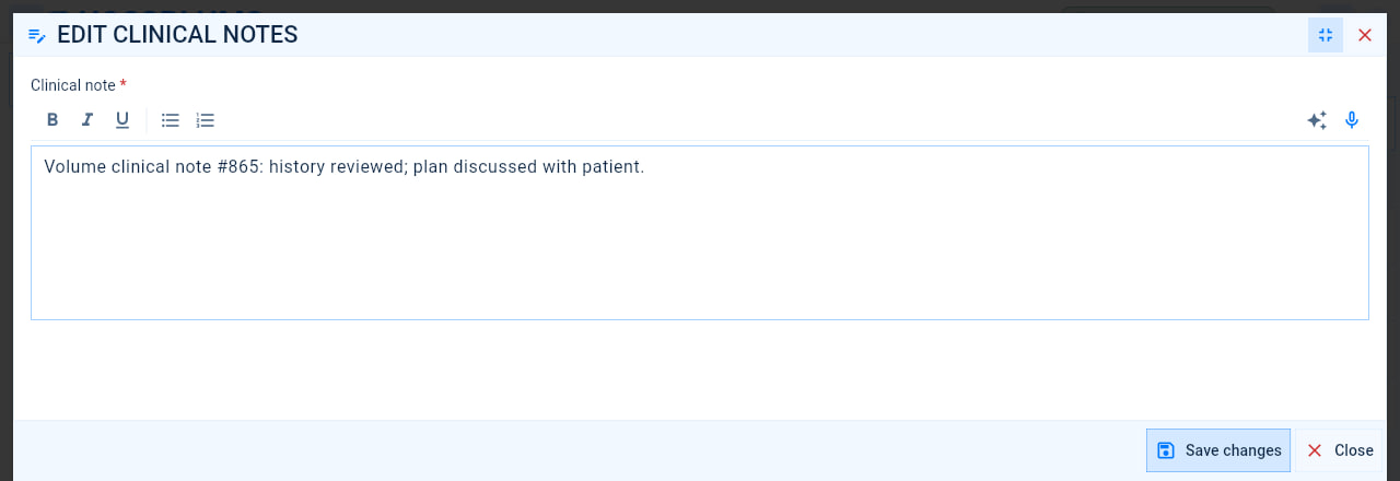 The clinical note editor with its formatting buttons, the Format note with AI and dictation buttons, the note and the Save changes button.