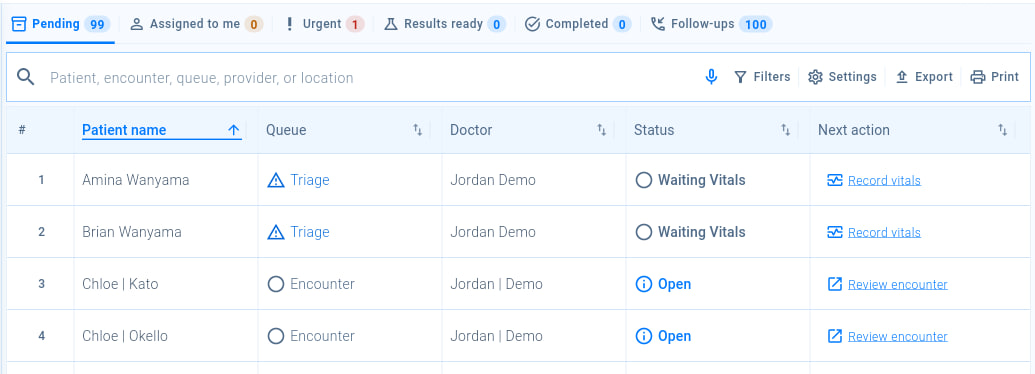 The clinical worklist on the Pending tab, with a Record vitals or Review encounter action for each patient.