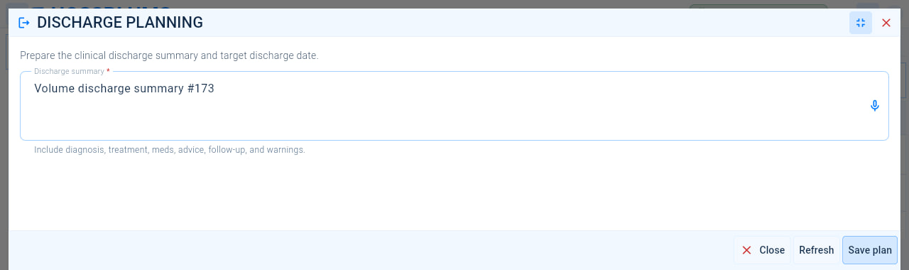 Starting a discharge plan: the discharge summary and the Refresh and Save plan buttons.
