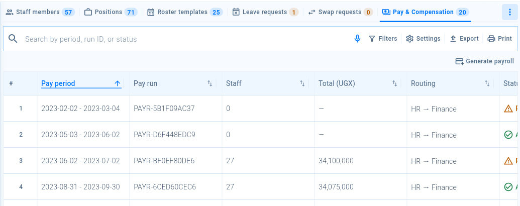 The Pay & Compensation tab listing pay runs by period with their totals and approval status, and the Generate payroll button.