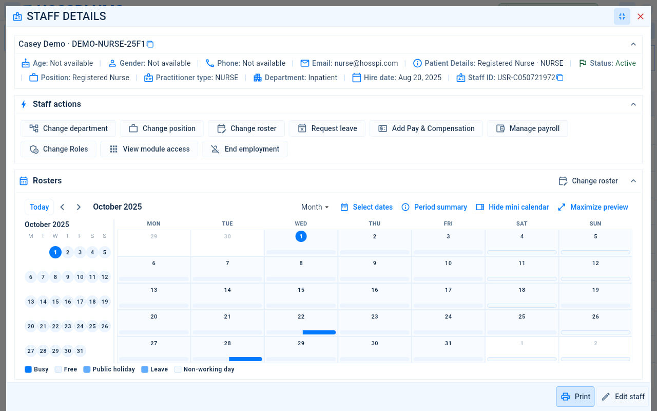 A staff profile with the staff details, staff actions, and the roster calendar.