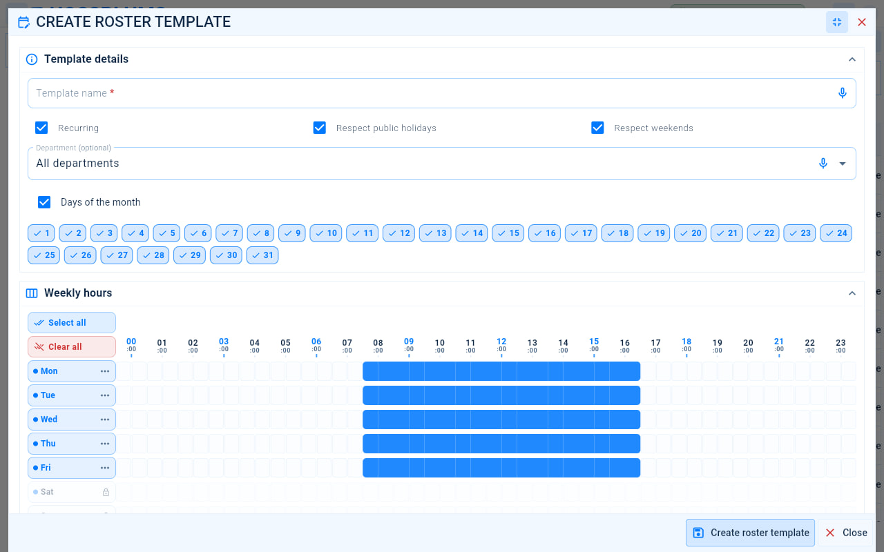Creating a roster template: the template name and rules, department, days of the month and weekly hours.