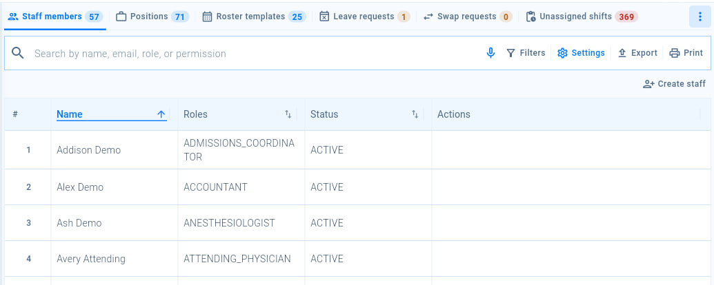 Human resources on the Staff members tab, with the Create staff button and the list of staff, their roles and status.