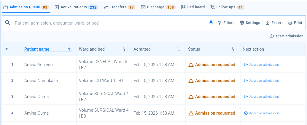 The admissions worklist on the Admission Queue tab, with the Start admission button and the Approve admission action.