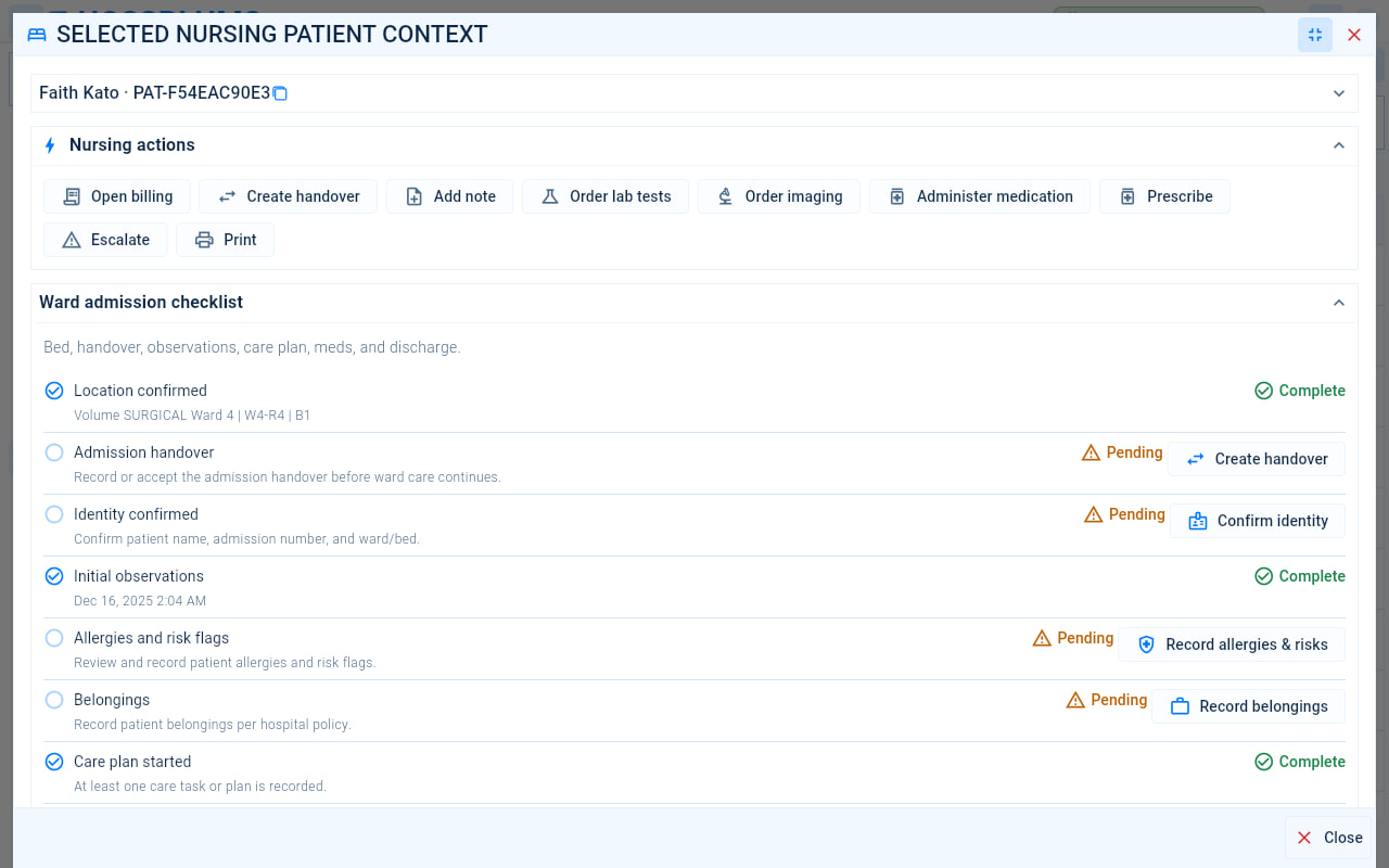 A patient open in the nursing workspace, with the nursing actions and the ward admission checklist.