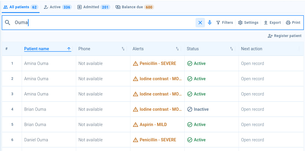 The patient registry, searched for patients named Ouma, with the All patients, Active, Admitted and Balance due tabs, the list tools and the Register patient button.