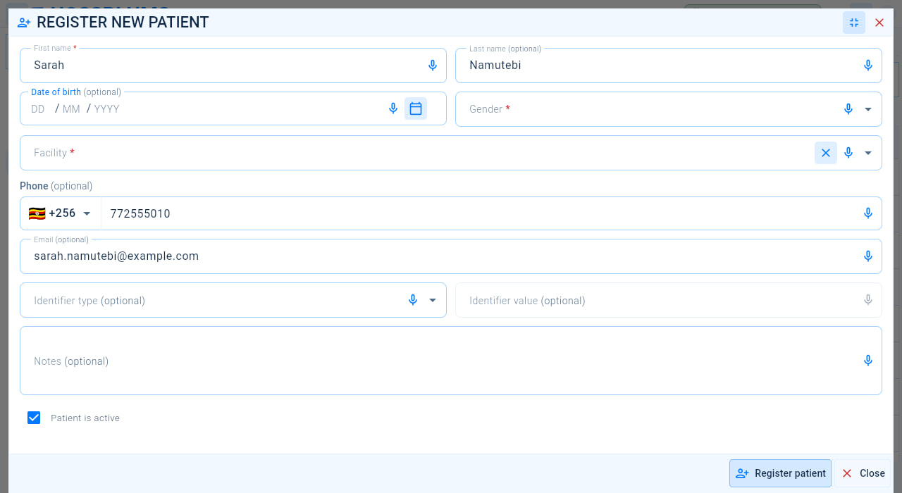 The Register new patient form with sample details: name, date of birth, gender, facility, phone, email, identifier, notes and the Patient is active option.