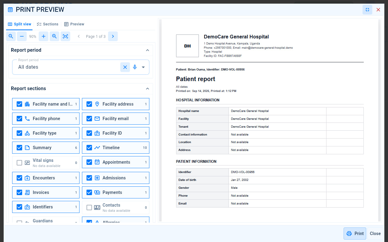 The patient report window with the view buttons, the report period, the report sections to include and the print preview.