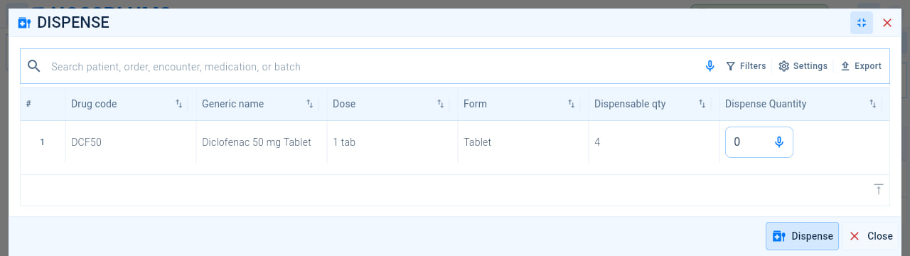 Dispensing an order: each medicine’s drug code, generic name, dose and form, the quantity still to supply, the Dispense Quantity and the Dispense button.