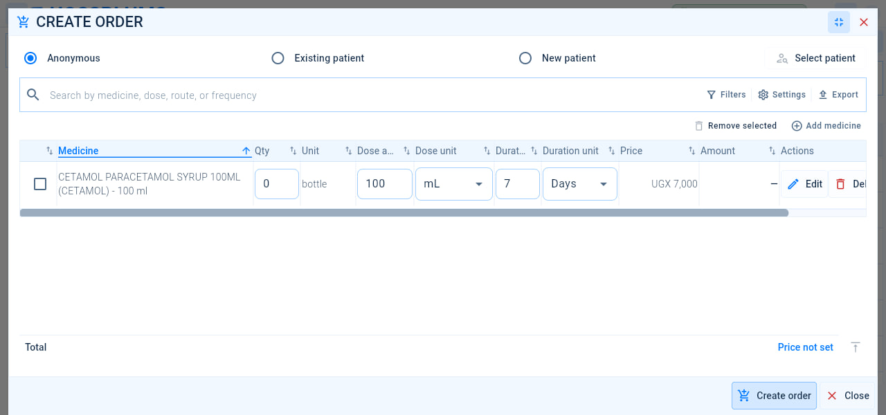 A walk-in pharmacy order for an anonymous customer, with one medicine added and the Create order button.