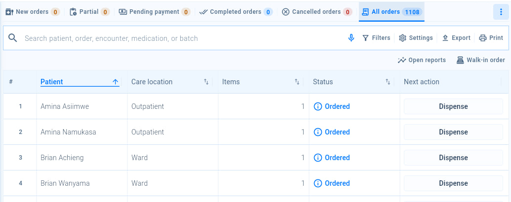 The pharmacy worklist on the All orders tab, with the Open reports and Walk-in order buttons and the Dispense action for each order.