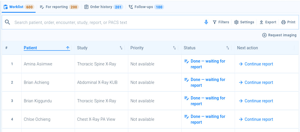 The radiology worklist with its tabs, the Request imaging button and the Continue report action for studies waiting for a report.