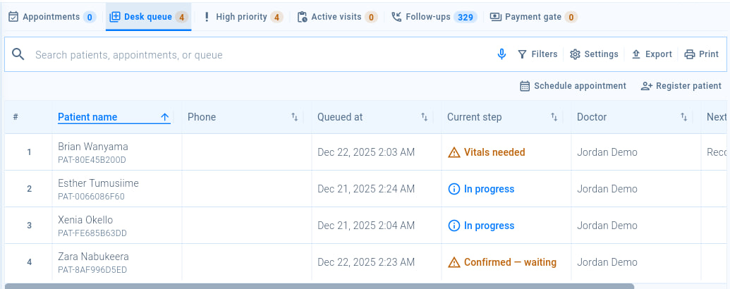 The reception desk on the Desk queue tab, listing waiting patients and their current step, with the Schedule appointment and Register patient buttons.