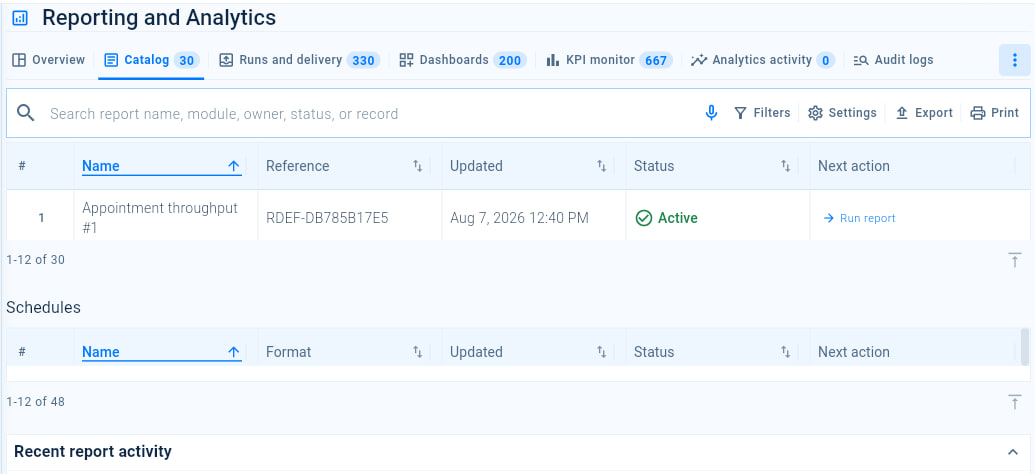 The report catalogue listing report definitions with their reference, last update and status, and a Run report action.