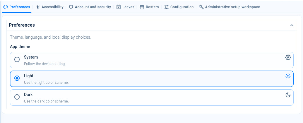 Settings on the Preferences tab, with the App theme choices System, Light and Dark.