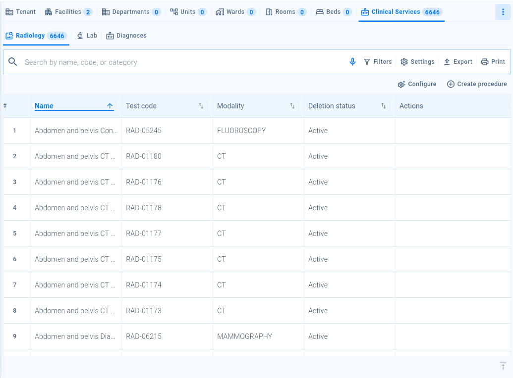 The Clinical Services tab listing radiology procedures, with the Radiology, Lab and Diagnoses catalogues, the search box, and the Configure and Create procedure buttons.