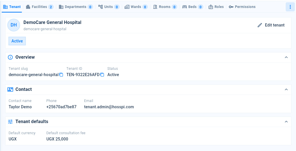 Tenant setup with its tabs for the organisation, facilities, departments, units, wards, rooms, beds, roles and permissions, showing the organisation profile.