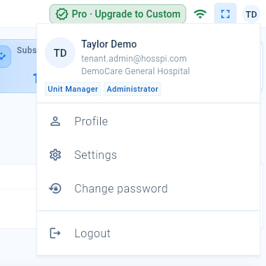The account menu showing your name, email address, facility and roles, with Profile, Settings, Change password and Logout.