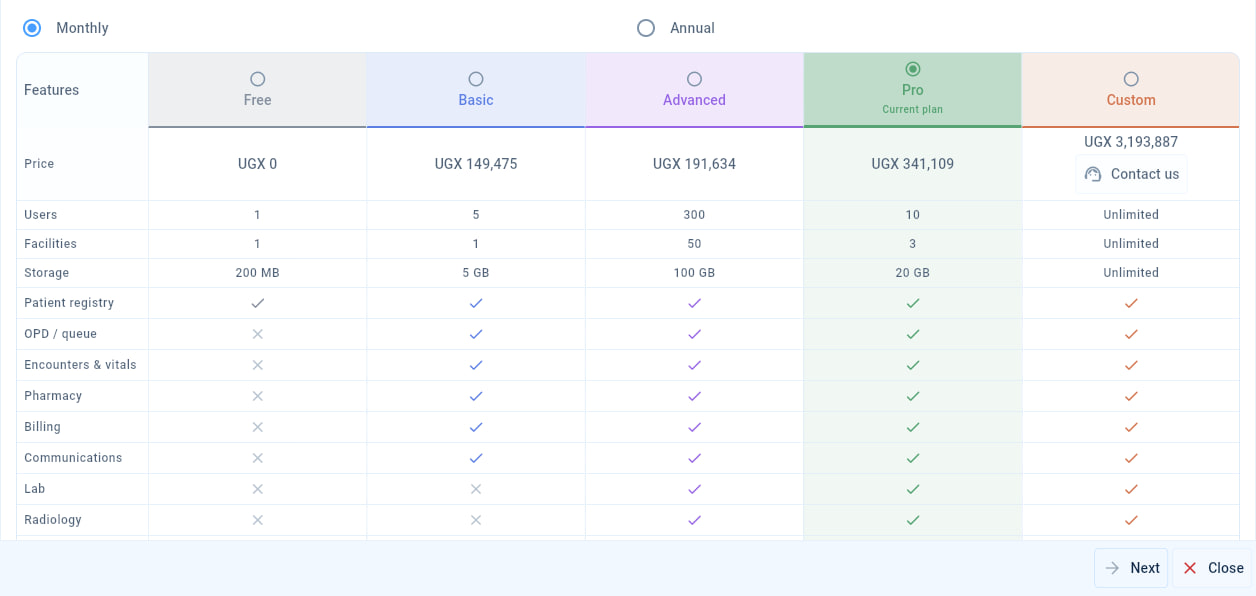 The subscription window comparing the Free, Basic, Advanced, Pro and Custom packages by price, users, facilities, storage and included areas, with Monthly and Annual billing options.